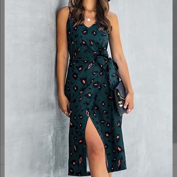 green leopard midi dress
